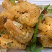 H12. Salt and Pepper Shrimp · Deep fried shrimp with salt and pepper sauce. Hot and spicy.