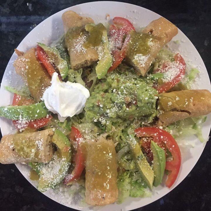 Taquitos Appetizer · Three rolled corn tortillas deep fried and stuffed with your choice of meat. Served on top of refried beans and topped with lettuce, tomatoes, sliced avocadp, green sauce, guacamole, and sour cream.