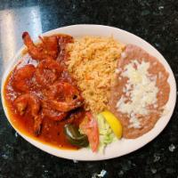 36. Camarones a La Diabla Dinner · Six jumbo shrimp sautéed in our housemade spicy, tangy Diabla sauce. Served with rice and be...