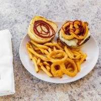Smokehouse Burger · Comes with American Cheese topped with Bacon, Onion Rings, and BBQ Sauce