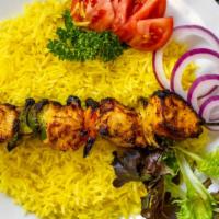 Chicken Shish Kabob Plate · Marinated chicken with onion, garlic, ginger and other Mediterranean spices and olive-oil. S...