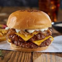 The Funky Burger · 2 ground chuck beef patties, topped with American cheese and soft grilled onions, pickles & ...