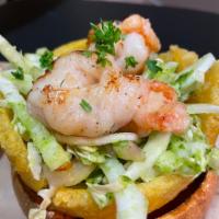 Martinez Cups · green plantain, napa slaw, grilled shrimp, grilled octopus, Canadian salmon, and avocado-pic...