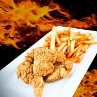 CHICKEN STRIPS  · 5 pieces of golden chicken strips with  one 
dipping  sauce  ranch , bbq or búfalo 