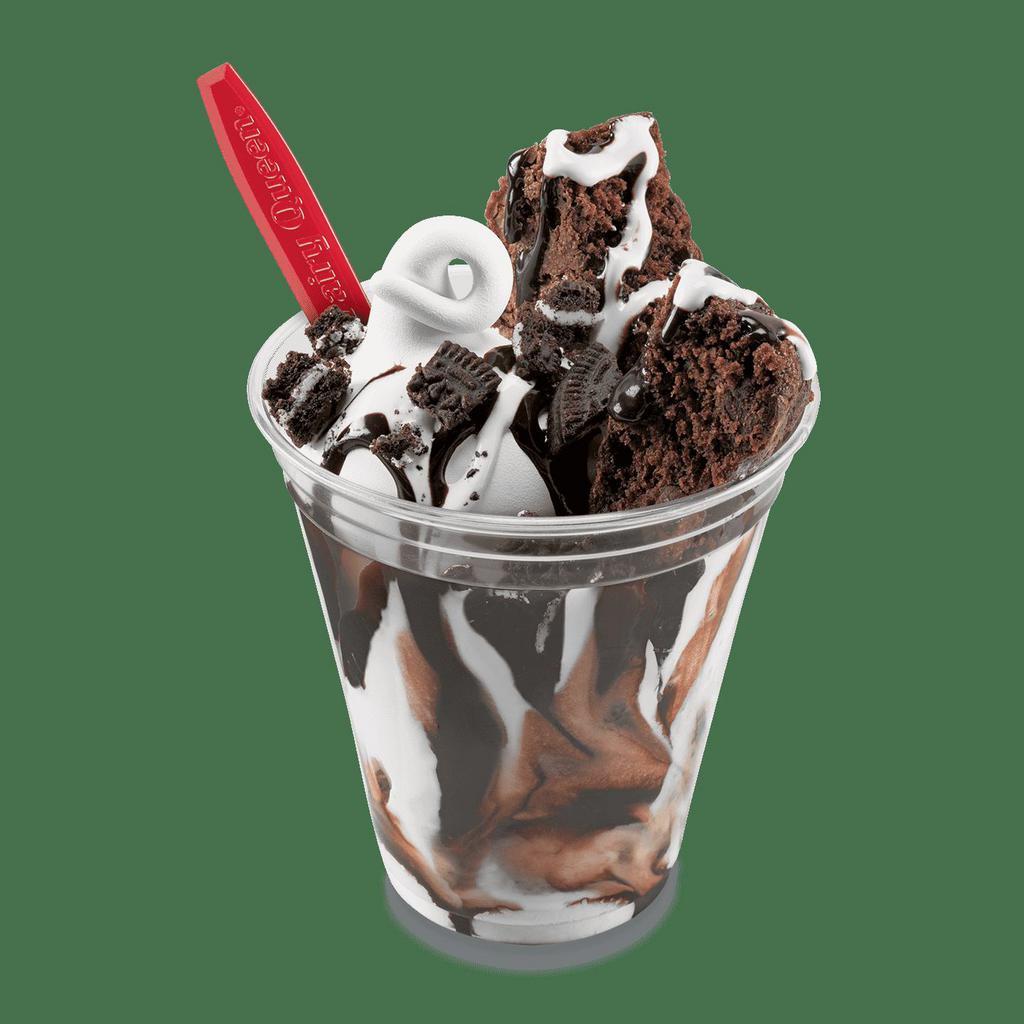 Brownie and Oreo Cupfection Treat · Soft serve, topped with a Triple Chocolate Brownie, OREO® cookie pieces, rich chocolatey sauce and marshmallow topping