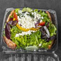 Greek Salad · Mixed greens, feta cheese, Kalamata olives, tomato, red onion, and cucumber.