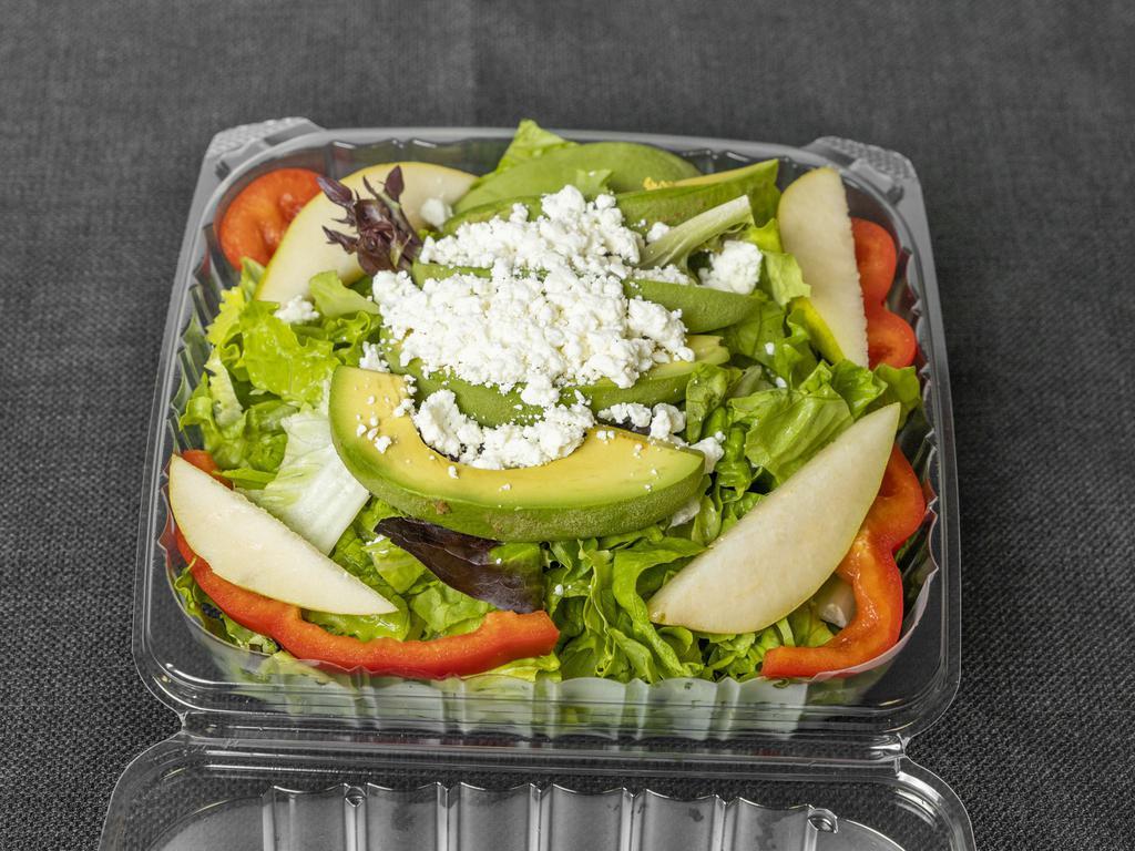 Avocado Pear Salad · Mixed greens, red pears, sliced avocado, red peppers and goat cheese.
