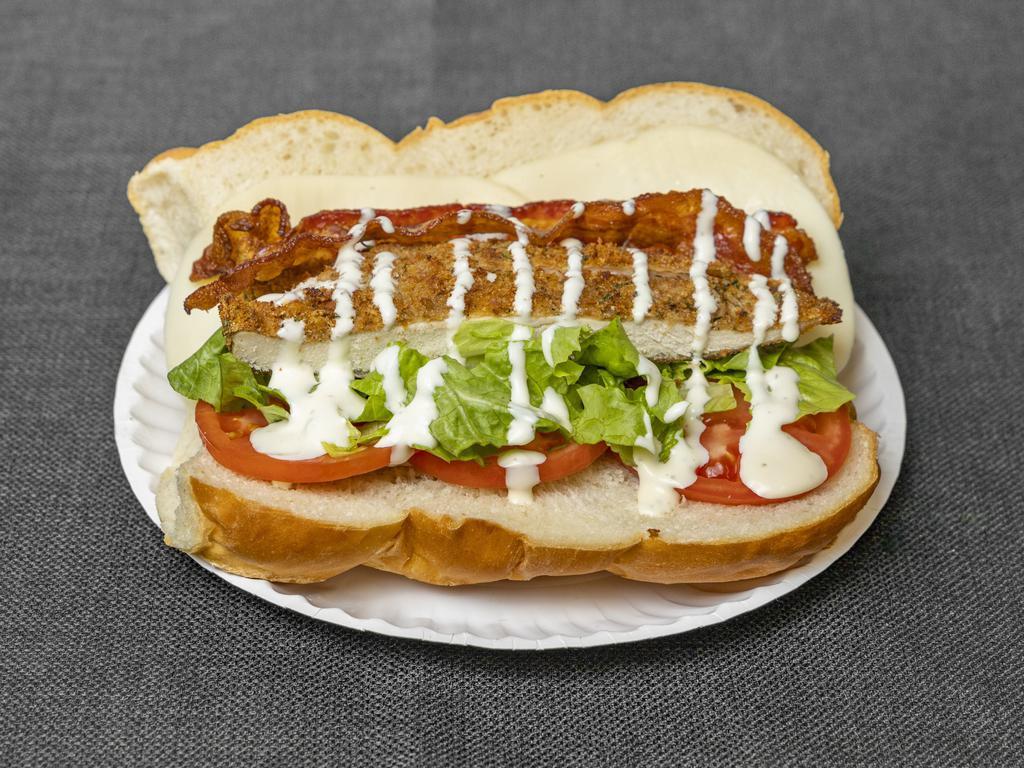 Phil's Favorite Sandwich · Chicken cutlet, provolone cheese, bacon, lettuce, tomato and ranch dressing.
