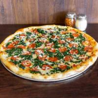 Large White Spinach Pizza · Ricotta, mozzarella, spinach, garlic and Parmigiana.