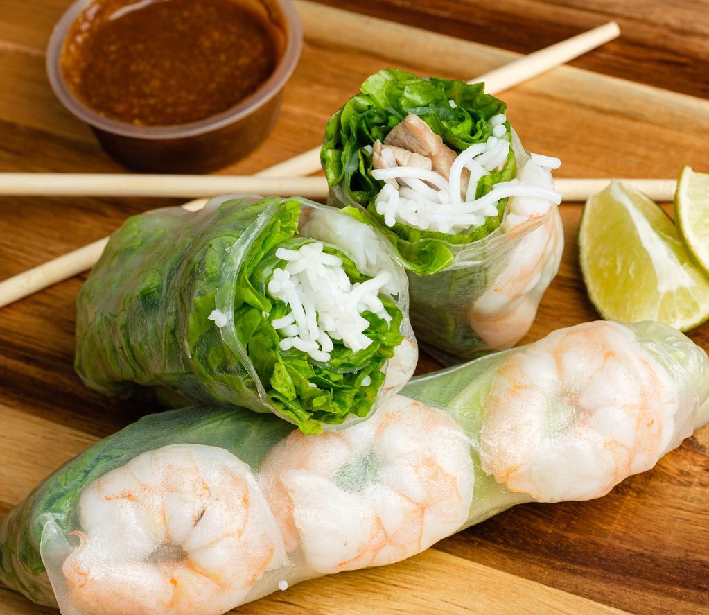 2 Spring Roll · Lettuce, bean sprouts, vermicelli noodle wrapped in rice paper with shrimp and pork. Peanut sauce.