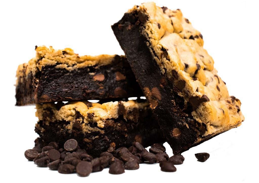 Cookie Brownies · Chocolatey chewy Brownie topped with Chocolate Chip Cookie dough.  The perfect match! 