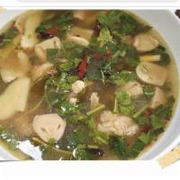  Tom Yum Chicken (Pot) · A tart and spicy chicken soup with galangal, kaffir lime leaves, lemongrass, mushrooms, onio...