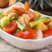  Sweet and Sour · Stir-fried cucumbers, tomatoes, pineapples, bell peppers and onions in special Thai sweet an...