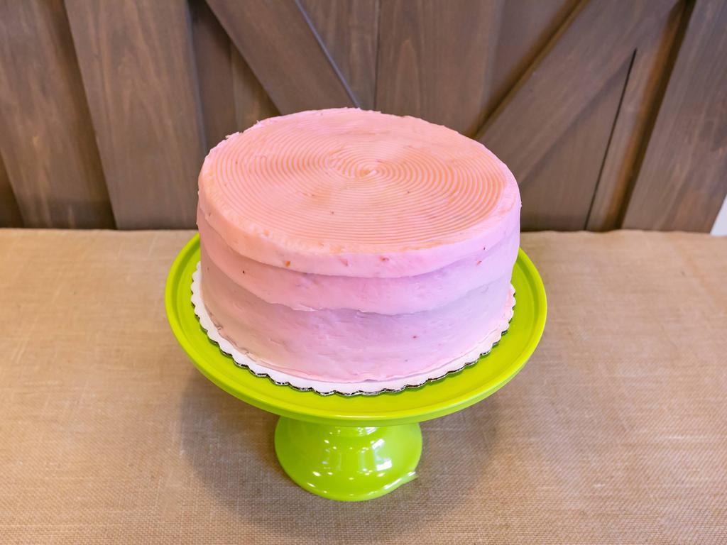 Whole Cake: Strawberry · Pretty in pink. Our strawberry cake is made with real strawberries in the batter and topped off with a deliciously sweet strawberry cream cheese frosting.