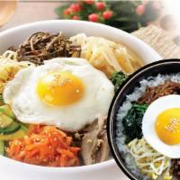 Bibimbap  · Steamed rice with vegetable beef and fried egg mix in the with soy-bean paste sauce. Mix in ...