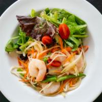 Papaya Salad · Shredded green papaya with grilled shrimps, tomatoes, green beans, carrot tossed in sweet li...