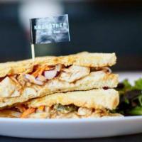 Satay Satay Sandwich (Thai Peanut Curry Chicken Sandwich) · Marinated grilled chicken , red onion, pickled cucumber, carrot, provolone and authentic Tha...