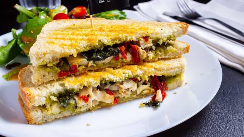 Pesto Chicken Sandwich · Marinated Grilled Chicken, fresh Italian basil, sun-dried tomato, goat cheese and cashew pesto sauce. Come with complimentary fresh salad with homemade Mandarin Orange Ginger dressing.