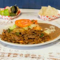 Fajitas Plate · Your choice of chicken or beef scrambled with bell pepper and onions, served with rice and b...