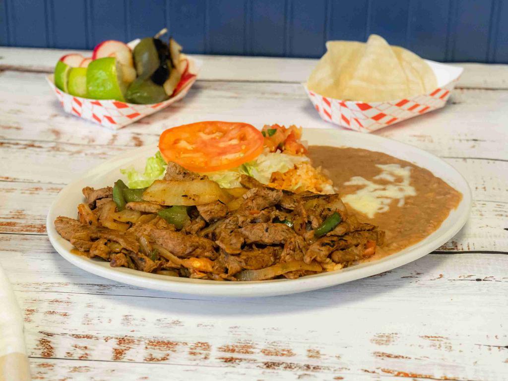 Fajitas Plate · Your choice of chicken or beef scrambled with bell pepper and onions, served with rice and beans.
