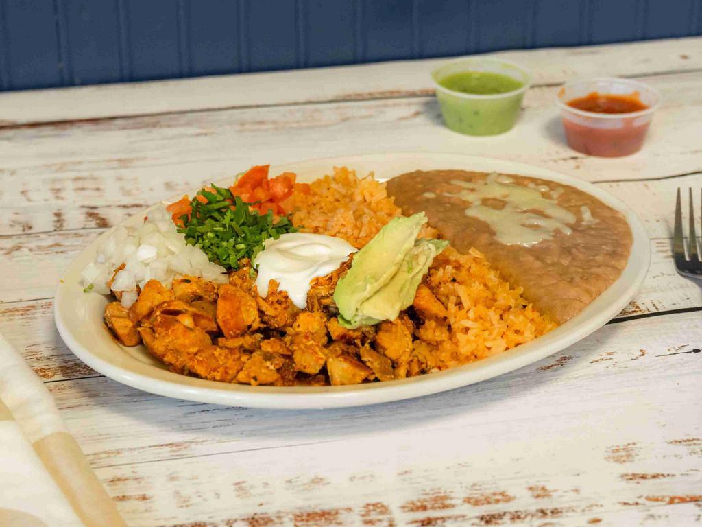 Super Separado Plate · Plate with any meat, avocado, cheese, rice beans, sour cream, onions, cilantro, and salsa.