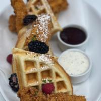 Chicken & Waffles · Sweet and salty crispy country-fried chicken breast tenders and a malted Belgian style waffl...