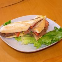 Churrasco Italiano Sandwich · Steak, mayo, tomatoes, and avocado on a baguette.