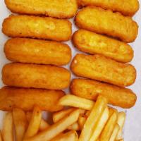 Mozzarella Sticks & Fries · Mozzarella cheese that has been coated and fried.