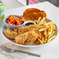Crispy Tender Combo · 2 crispy tender strips with a side of french fries, Texas toast, choice of coleslaw, and sau...