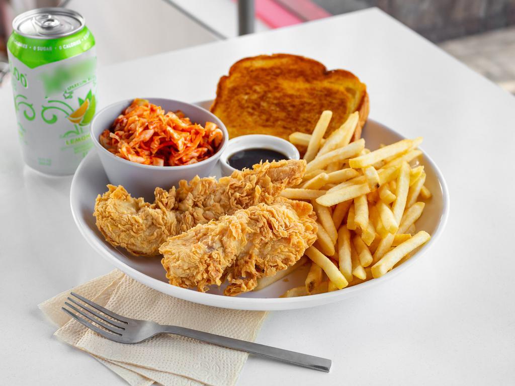 Crispy Tender Combo · 2 crispy tender strips with a side of french fries, Texas toast, choice of coleslaw, and sauce with canned soda.