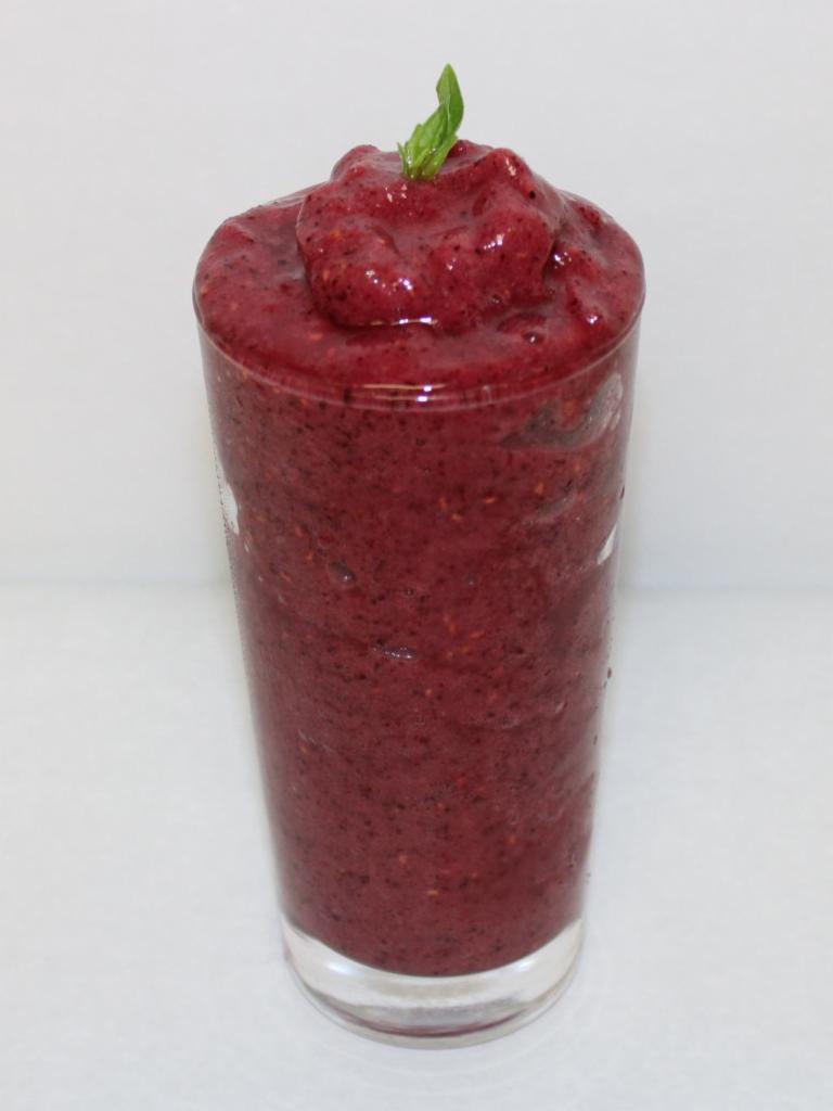Vegan Mixed Berry Smoothie · Apple juice, banana, strawberry, blueberries, raspberries.