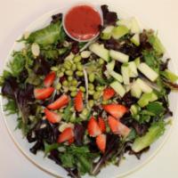 Summertime Salad · Mixed greens, strawberries, edamame, apples, dried cranberries, almonds, and sunflower seeds...