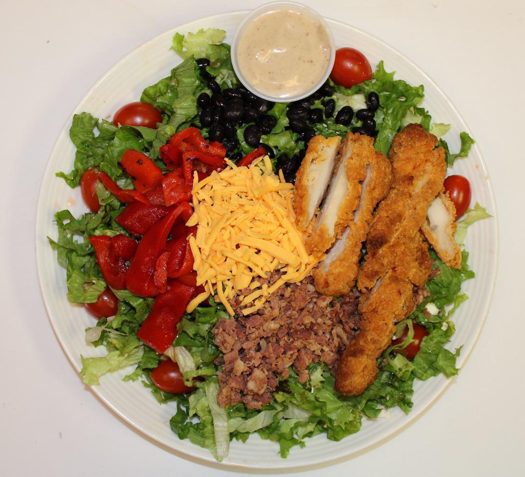 Dijon Salad · Romaine, crispy chicken, tomatoes, bacon, roasted red peppers, black beans, and cheddar, honey dijon dressing.