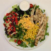 Rancharo Salad · Romaine, black beans, tomatoes, jalapenos, tortilla chips, corn, grilled chicken, and chedda...