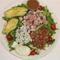Cobb Salad · Romaine, ham, bacon, egg, tomatoes, avocado, and blue cheese crumble, rosemary balsamic vina...