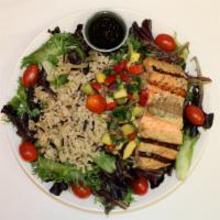 Grilled Salmon Salad · Warm wild rice, warm grilled salmon, mixed greens, tomatoes, and mango salsa balsamic vinaig...