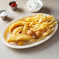 FRIED FISH(2 PIECES) W/SIDES · SERVED WITH 4 PIECES OF FISH. SIDES COME WITH FRIES AND HUSH PUPPY.