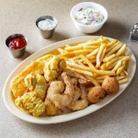 FISH,SHRIMPS,OYSTERS W/SIDES · SERVED WITH 4 PIECES OF FISH,3 JUMBO SHRIMPS,3 OYSTERS,FRIES AND HUSH PUPPY.