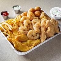 #7/FRIED SAMPLER(serving 3/4 peoples) · SERVED WITH 6 PIECES FISH,10 JUMBO SHRIMPS AND 10 OYSTERS AND 4 SERVING OF FRIES AD HUSH PUP...