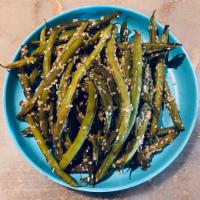 wok fried Marinated Green Beans with benito  · Soy sauce, black chinese vinegar, sesame oil, sesame sead, garlic