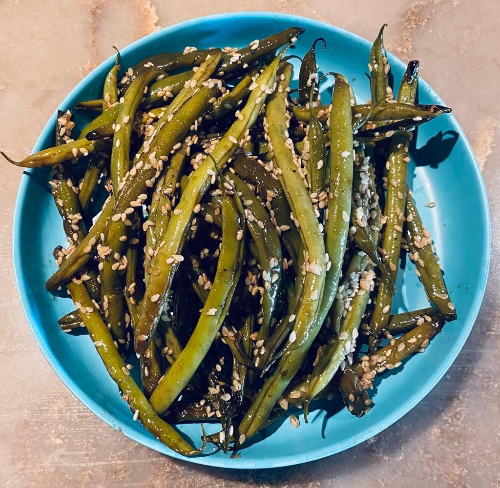 wok fried Marinated Green Beans with benito  · Soy sauce, black chinese vinegar, sesame oil, sesame sead, garlic
