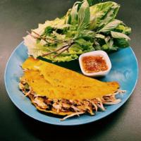 Crab Bahn Xeo Crepe · Crispy rice flour and turmeric crepe stuffed with fresh Crab, Old Bay, Spicy Mayo, Bean Spro...