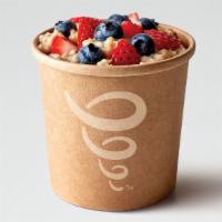 Oatmeal · Organic Steel-Cut Oats, made with Soymilk. (Contains Soy) Choose 2 Toppings.