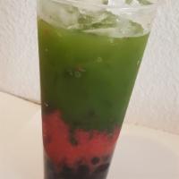 Ceremony Strawberry  · Ceremonial grade Matcha with fresh strawberry puree served with a topping of your choice.
