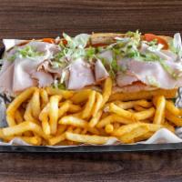 Turkey Hoagie Combo · Thinly sliced oven roasted turkey, fresh cut lettuce, tomato, and onions. Served with fries ...
