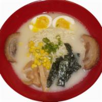 Tonkotsu Ramen · Pork, bamboo shoot, sweet corn, green onion, egg, noodle.