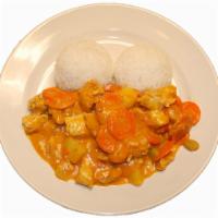 Thai Curry Chicken  · Comes with 2 scope of rice. Chicken, potato, carrots, celery, spicy, coconut milk.