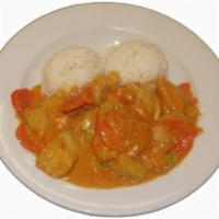 Thai Curry Shrimp  · Comes with 2 scope of rice. Shrimp, potato, carrots, celery, spicy, coconut milk.