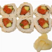 Spicy Tuna Roll  · Inside spicy tuna with green onion and cucumber and outside: nori sheet, sushi rice and sesa...