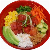 Poke Tuna Sushi  · Sushi rice topped with mixed tube tuna in poke sauce, green onion, mixed crab, seaweed salad...